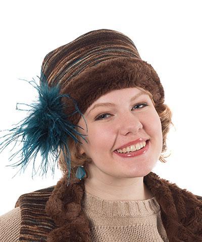  Women&#39;s Cuffed Pillbox on model | Sweet Stripes in English Toffee and Cuddly Chocolate Faux Fur | Handmade USA by Pandemonium Seattle
