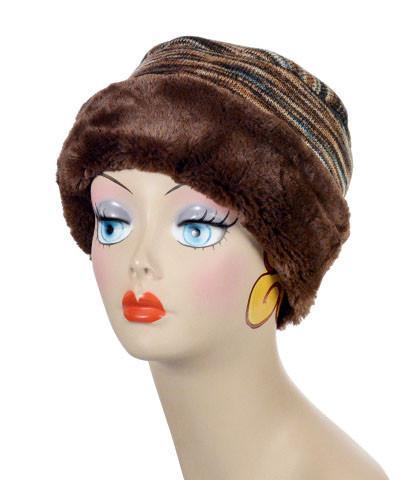 Women&#39;s Cuffed Pillbox on mannequin | Sweet Stripes in English Toffee and Cuddly Chocolate Faux Fur | Handmade USA by Pandemonium Seattle