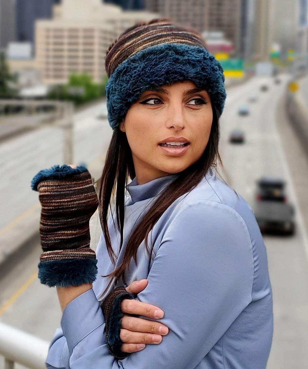  Women's Cuffed Pillbox on model | Sweet Stripes in English Toffee and Peacock Pond Faux Fur | Handmade USA by Pandemonium Seattle