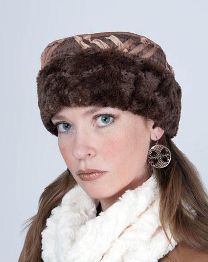  Women&#39;s Cuffed Pillbox on model | Copper Plaid with Cuddly Fur in Chocolate | Handmade USA by Pandemonium Seattle