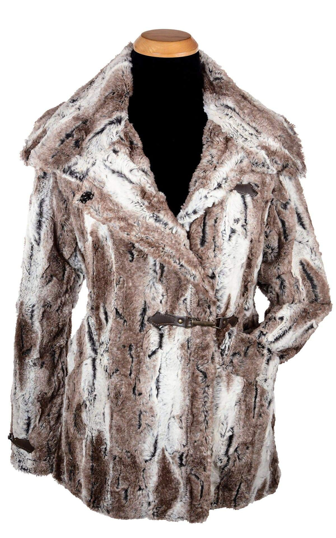 Alternate view of Dietrich Coat | Birch Brown and Ivory Faux Fur Pea Coat | Featuring Buckle Clasps | Handmade in Seattle, WA | Pandemonium Millinery