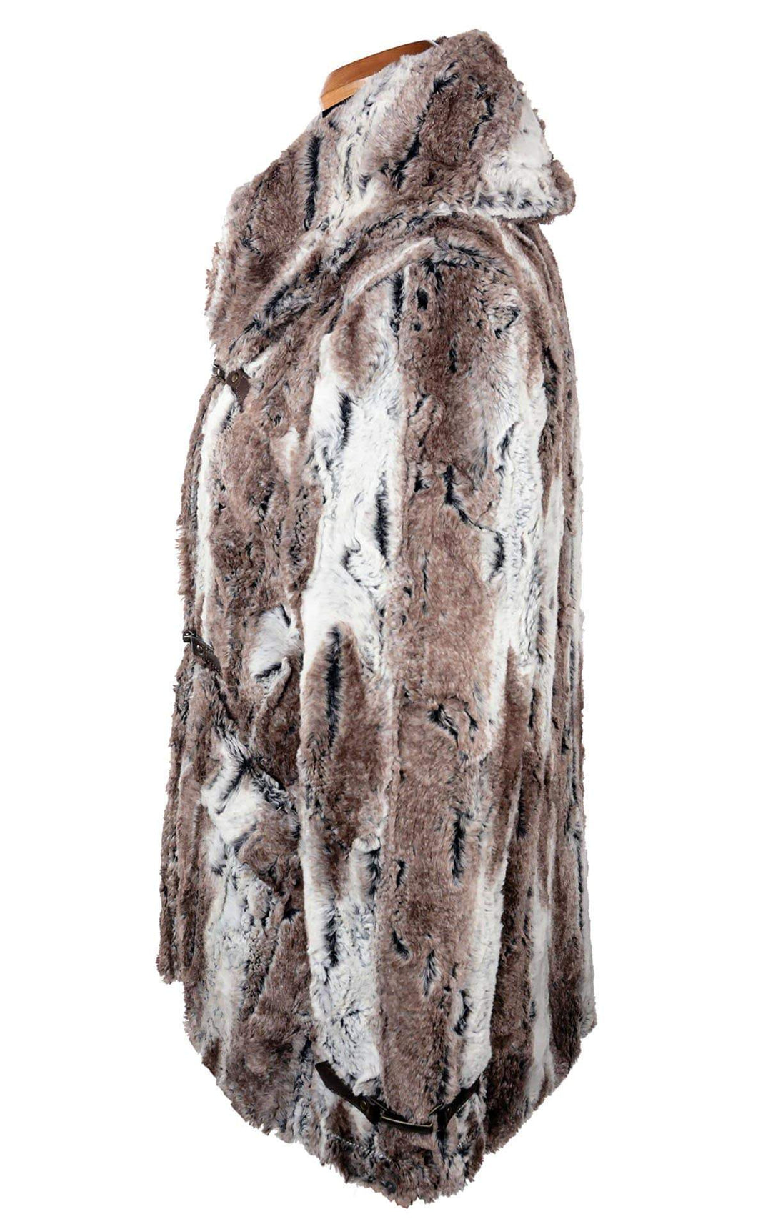 Side view of Dietrich Coat | Birch Brown and Ivory Faux Fur Pea Coat | Featuring Buckle Clasps | Handmade in Seattle, WA | Pandemonium Millinery