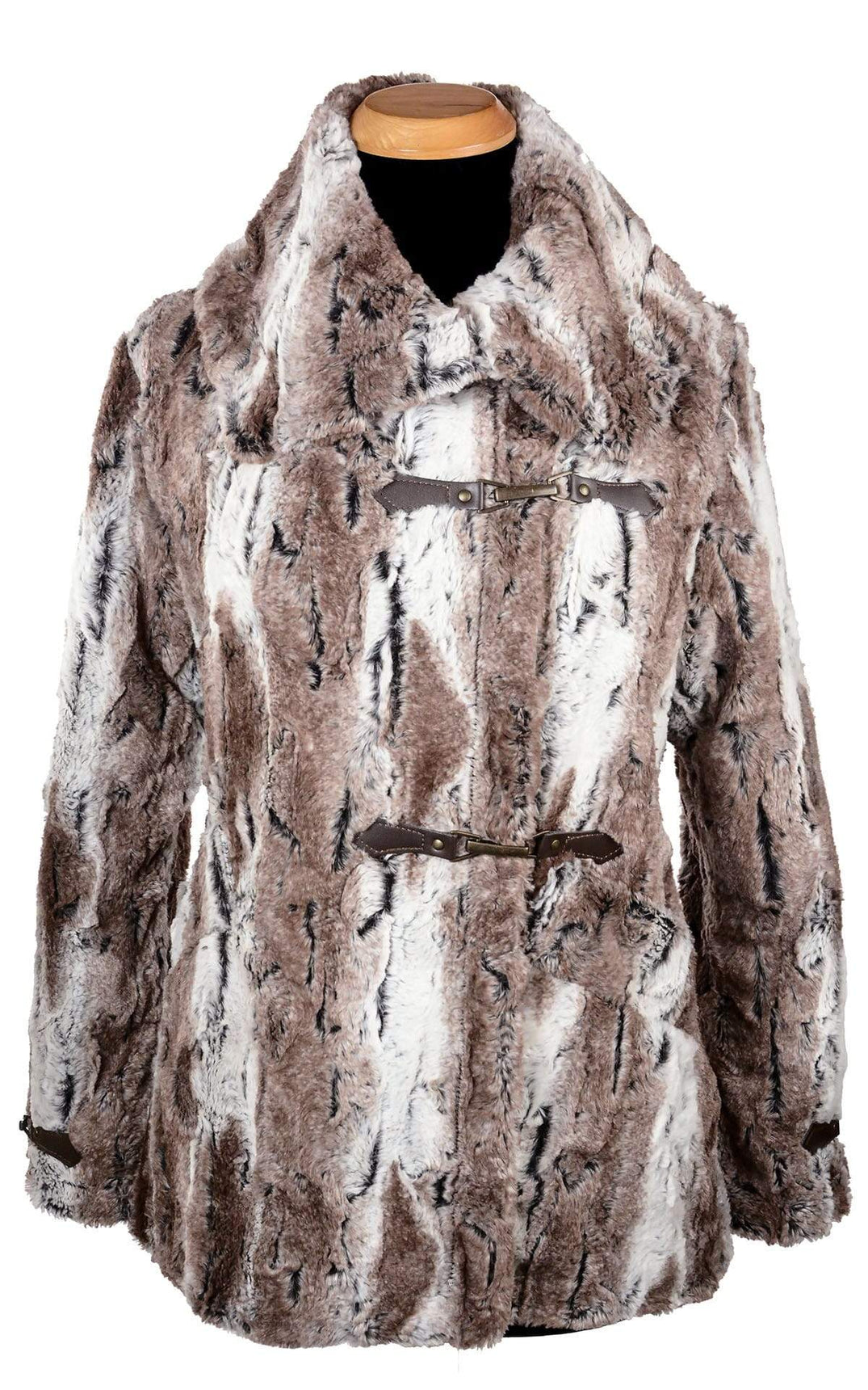 Closed view of Dietrich Coat | Birch Brown and Ivory Faux Fur Pea Coat | Featuring Buckle Clasps | Handmade in Seattle, WA | Pandemonium Millinery