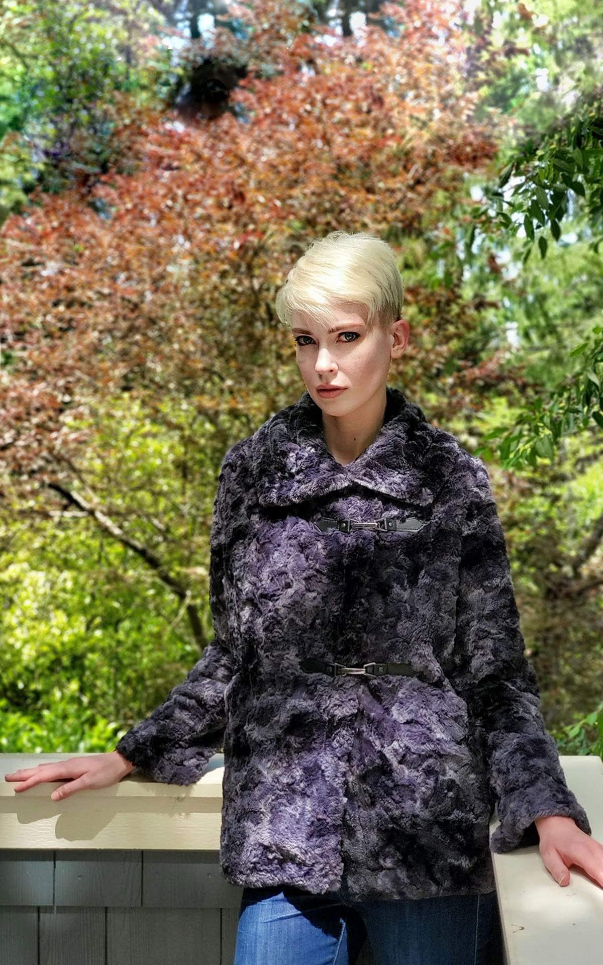 Woman modeling in Dietrich Coat | Highland in Sky Denim and Gray Tie Dye Faux Fur Pea Coat | Featuring Buckle Clasps | Handmade in Seattle, WA | Pandemonium Millinery