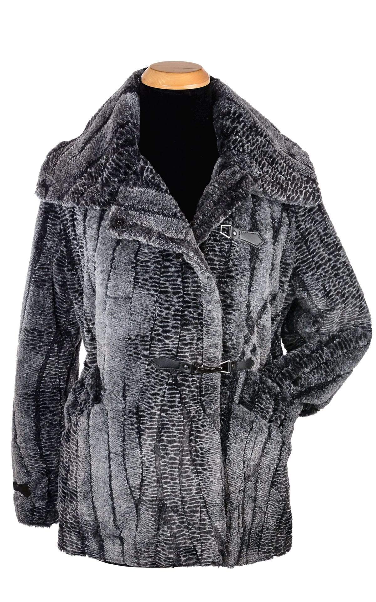 Open view of Dietrich Coat | Rattle Snake Faux Fur Pea Coat | Featuring Buckle Clasps | Handmade in Seattle, WA | Pandemonium Millinery