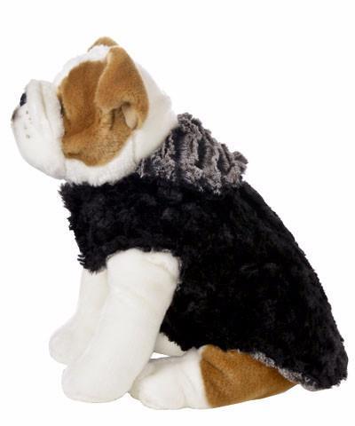 Handmade reversible Dog Coat on Stuffed Dog side view reversed | Desert Sand in Charcoal Gray, Luxury Faux Fur Designer | Handmade by Pandemonium Millinery Seattle, WA USA