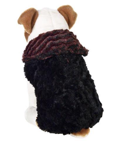 Handmade reversible Dog Coat on Stuffed Dog Back view reversed | Desert Sand in Crimson , Luxury Faux Fur Designer | Handmade by Pandemonium Millinery Seattle, WA USA