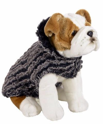 Handmade reversible Dog Coat on Stuffed Dog Side view | Desert Sand in Charcoal Gray, Luxury Faux Fur Designer | Handmade by Pandemonium Millinery Seattle, WA USA
