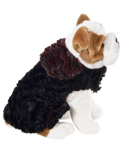 Handmade reversible Dog Coat on Stuffed Dog  side view | Desert Sand in Crimson , Luxury Faux Fur Designer | Handmade by Pandemonium Millinery Seattle, WA usa
