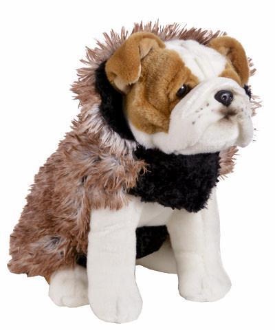 Designer Handmade reversible Dog Coat on Stuffed Dog front view | Red Fox Long hair  Luxury Faux Fur revers to black | Handmade by Pandemonium Millinery Seattle, WA USA