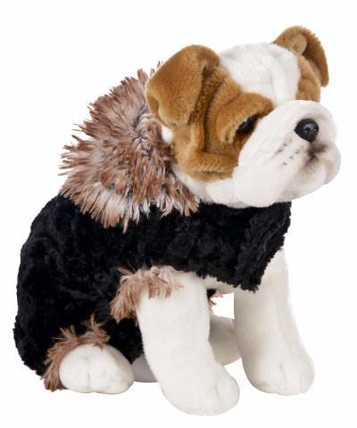 Designer Handmade reversible Dog Coat on Stuffed Dog side view reversed | Red Fox Long hair  Luxury Faux Fur revers to black | Handmade by Pandemonium Millinery Seattle, WA USA