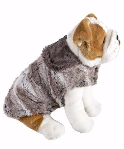 Stuffed dog side view wearing Designer Handmade reversible Dog Coat | Birch: Brown and Cream Luxury Faux Fur reversing to Gray | Handmade by Pandemonium Millinery Seattle, WA USA
