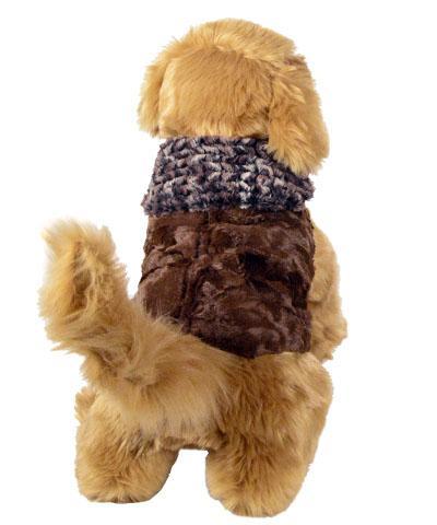 Back view of stuffed dog wearing Designer Handmade reversible Dog Coat shown in reverse | Calico; Browns, tans  and Cream Luxury Faux Fur reversing to Chocolate | Handmade by Pandemonium Millinery Seattle, WA USA