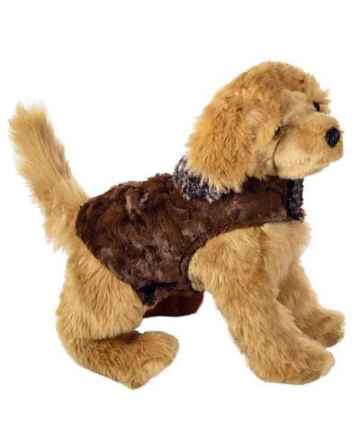 Side view of stuffed dog  wearing Designer Handmade reversible Dog Coat | Calico; Browns, tans  and Cream Luxury Faux Fur reversing to Chocolate | Handmade by Pandemonium Millinery Seattle, WA USA
