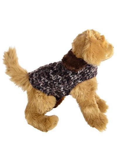 Side view of stuffed dog  wearing Designer Handmade reversible Dog Coat | Calico; Browns, tans  and Cream Luxury Faux Fur reversing to Chocolate | Handmade by Pandemonium Millinery Seattle, WA USA