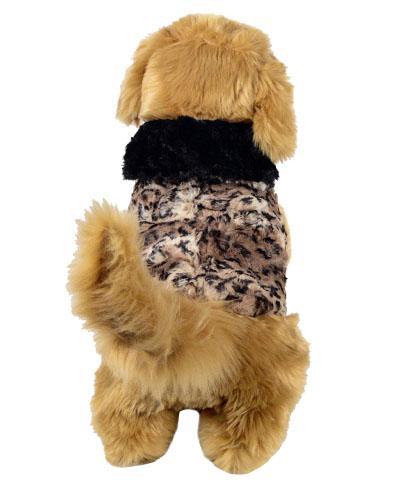 Back view of stuffed dog wearing Designer Handmade reversible Dog Coat shown in reverse | Carpathian animal print Faux Fur reversing to Black | Handmade by Pandemonium Millinery Seattle, WA USA