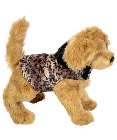 Side view of stuffed dog wearing Designer Handmade reversible Dog Coat shown in reverse | Carpathian animal print Faux Fur reversing to Black | Handmade by Pandemonium Millinery Seattle, WA USA