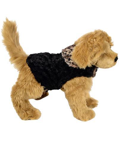 Side view of stuffed dog wearing reversed Designer Handmade reversible Dog Coat shown in reverse | Carpathian animal print Faux Fur reversing to Black | Handmade by Pandemonium Millinery Seattle, WA USA