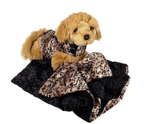 Stuffed dog wearing Designer Handmade reversible Dog Coat shown laying on a matching throw | Carpathian animal print Faux Fur reversing to Black | Handmade by Pandemonium Millinery Seattle, WA USA