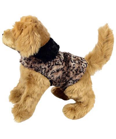 Side view of stuffed dog wearing Designer Handmade reversible Dog Coat shown in reverse | Carpathian animal print Faux Fur reversing to Black | Handmade by Pandemonium Millinery Seattle, WA USA