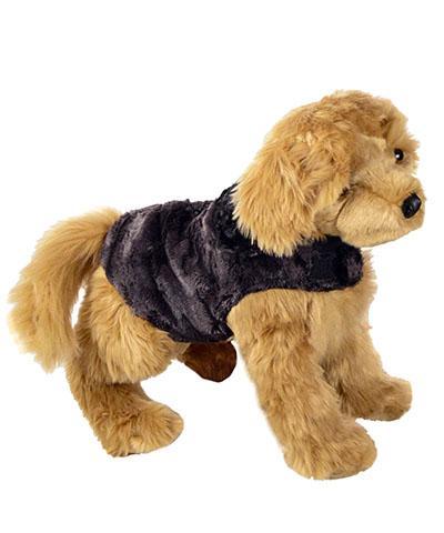 Stuffed dog wearing Designer Handmade reversible Dog Coat Side View | Espresso Bean Faux Fur reversing to Black | Handmade by Pandemonium Millinery Seattle, WA USA