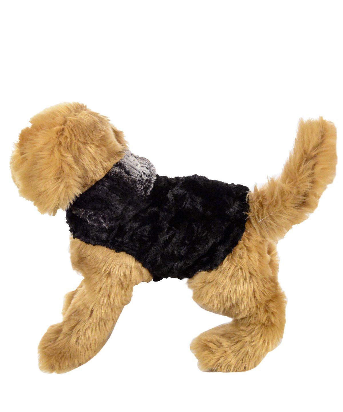 Stuffed Dog wearing Designer Handmade reversible Dog Coat Side View | Smoldering Sequoia Faux Fur reversing to Black shown in reverse | Handmade by Pandemonium Millinery Seattle, WA USA