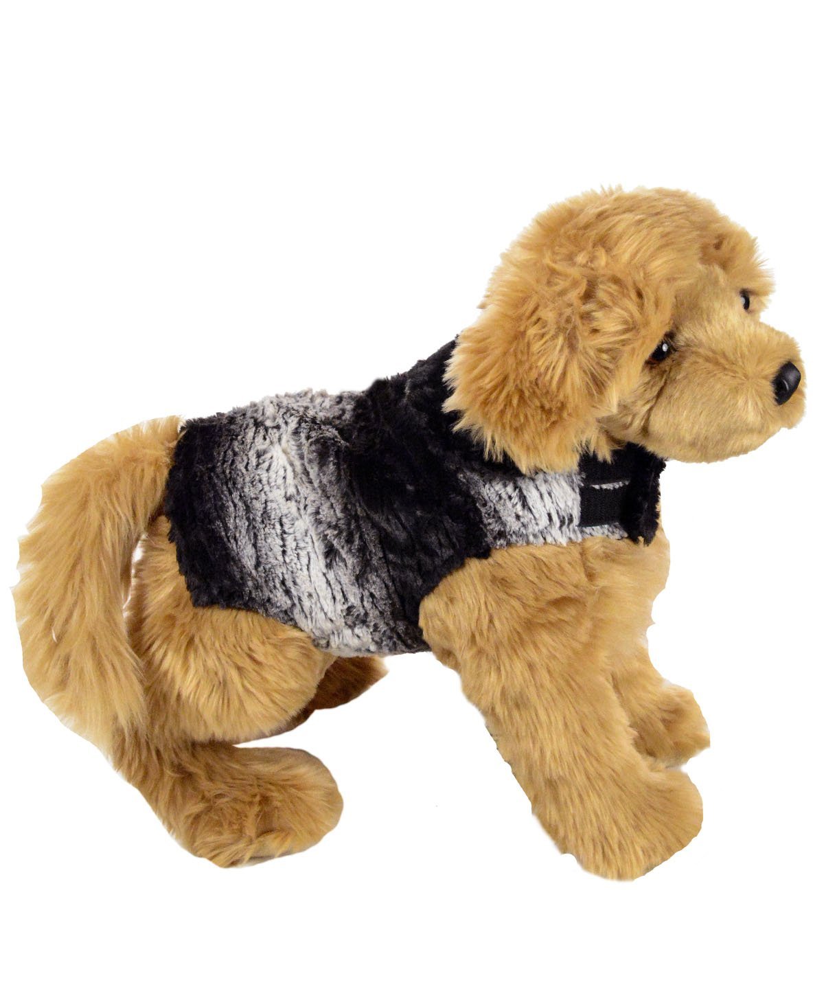 Stuffed Dog wearing Designer Handmade reversible Dog Coat Side View | Smoldering Sequoia Faux Fur reversing to Black | Handmade by Pandemonium Millinery Seattle, WA USA