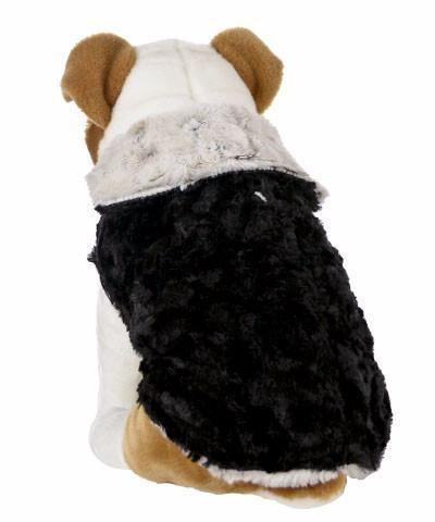 Back view of Stuffed Dog wearing Designer Handmade reversible Dog Coat Side View | Winter Frost off white Faux Fur reversing to Black, shown in reverse | Handmade by Pandemonium Millinery Seattle, WA USA