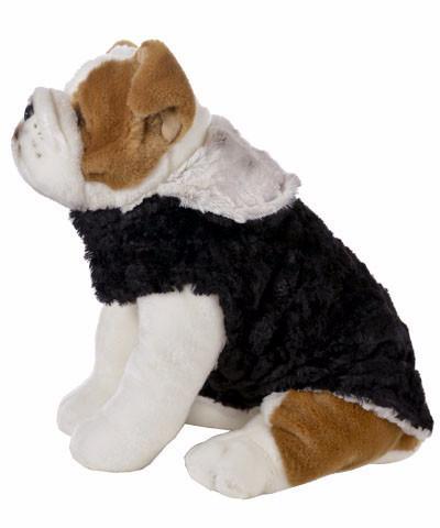 side view of Stuffed Dog wearing Designer Handmade reversible Dog Coat Side View shown in reverse | Winter Frost off white Faux Fur reversing to Black | Handmade by Pandemonium Millinery Seattle, WA USA