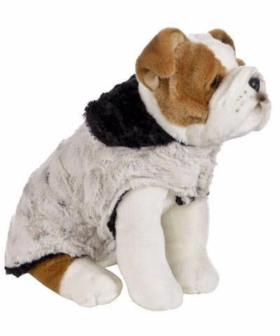 Stuffed Dog wearing Designer Handmade reversible Dog Coat Side View | Winter Frost off white Faux Fur reversing to Black | Handmade by Pandemonium Millinery Seattle, WA USA