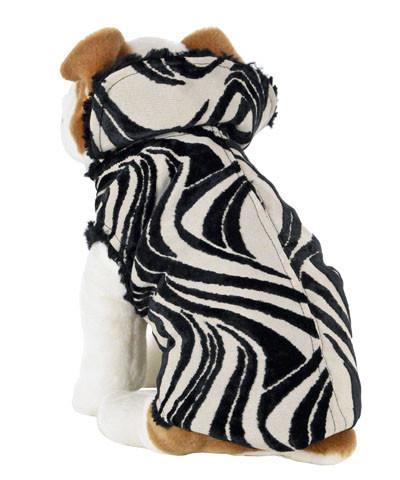 Stuffed dog wearing Designer Handmade reversible Dog Coat Side View | Black and White Waves upholstery fabric reversing to Black Faux Fur | Handmade by Pandemonium Millinery Seattle, WA USA