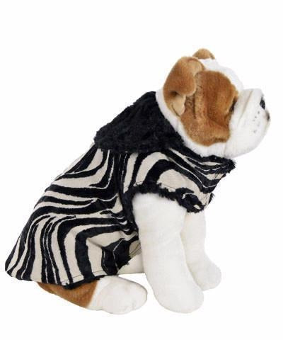 Stuffed dog wearing Designer Handmade reversible Dog Coat Side View | Black and White Waves upholstery fabric reversing to Black Faux Fur | Handmade by Pandemonium Millinery Seattle, WA USA
