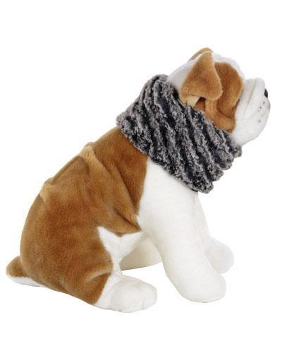 Stuffed dog wearing Designer Handmade reversible Dog ruff collar| Desert Sand in Charcoal Faux Fur | Handmade by Pandemonium Millinery Seattle, WA USA