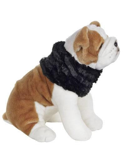Stuffed dog wearing Designer Handmade reversible Dog ruff collar| Desert Sand in Charcoal Faux Fur | Handmade by Pandemonium Millinery Seattle, WA USA