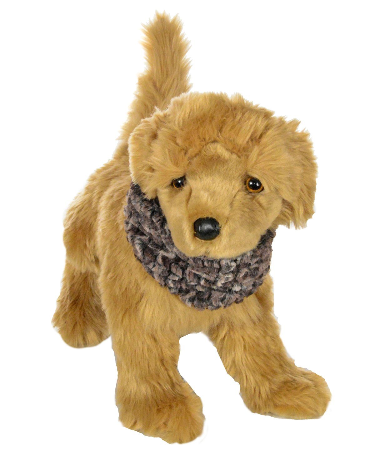Stuffed dog wearing Designer Handmade Dog ruff collar| Calico Fox Faux Fur | Handmade by Pandemonium Millinery Seattle, WA USA