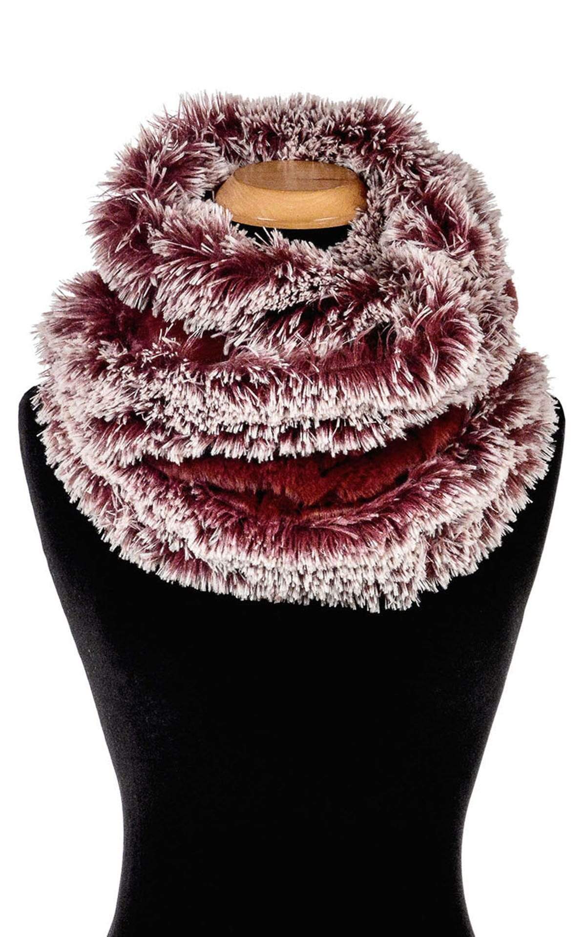 Women's Double Cowl Shrug Looped twice on mannequin | Cranberry Creek and Berry Foxy  Faux Fur | Handmade USA by Pandemonium Seattle