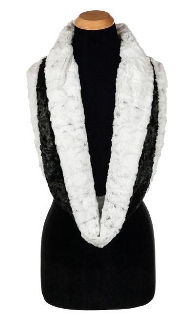 Long View of Double Cowl Shrug | Winter Frost Faux Fur with Cuddly Faux Fur in Black | Handmade by Pandemonium Millinery | Seattle WA