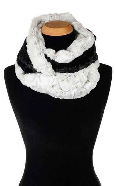 Long View of Double Cowl Shrug | Winter Frost Faux Fur with Cuddly Faux Fur in Black | Handmade by Pandemonium Millinery | Seattle WA