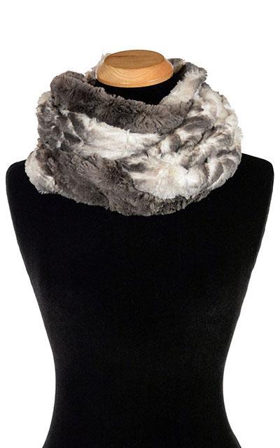  Double Cowl Shrug Looped Twice on mannequin | Matterhorn Faux Fur with Cuddly Faux Fur Gray| by Pandemonium Seattle. Handmade in Seattle, WA USA