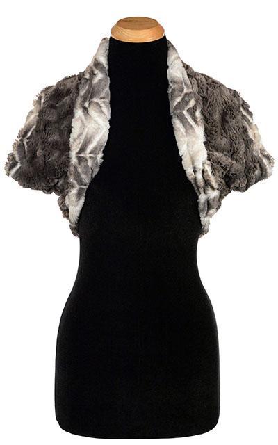 Double Cowl Shrug Shown in Shrug like view | Matterhorn Faux Fur with  Cuddly Faux Fur Gray| by Pandemonium Seattle. Handmade in Seattle, WA USA.