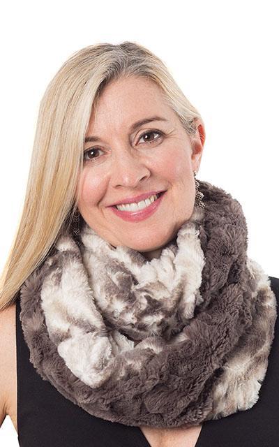 Model wearing Double Cowl Shrug | looped twice around the neck | Matterhorn Faux Fur with Cuddly Faux Fur Gray| by Pandemonium Seattle. Handmade in Seattle, WA USA.