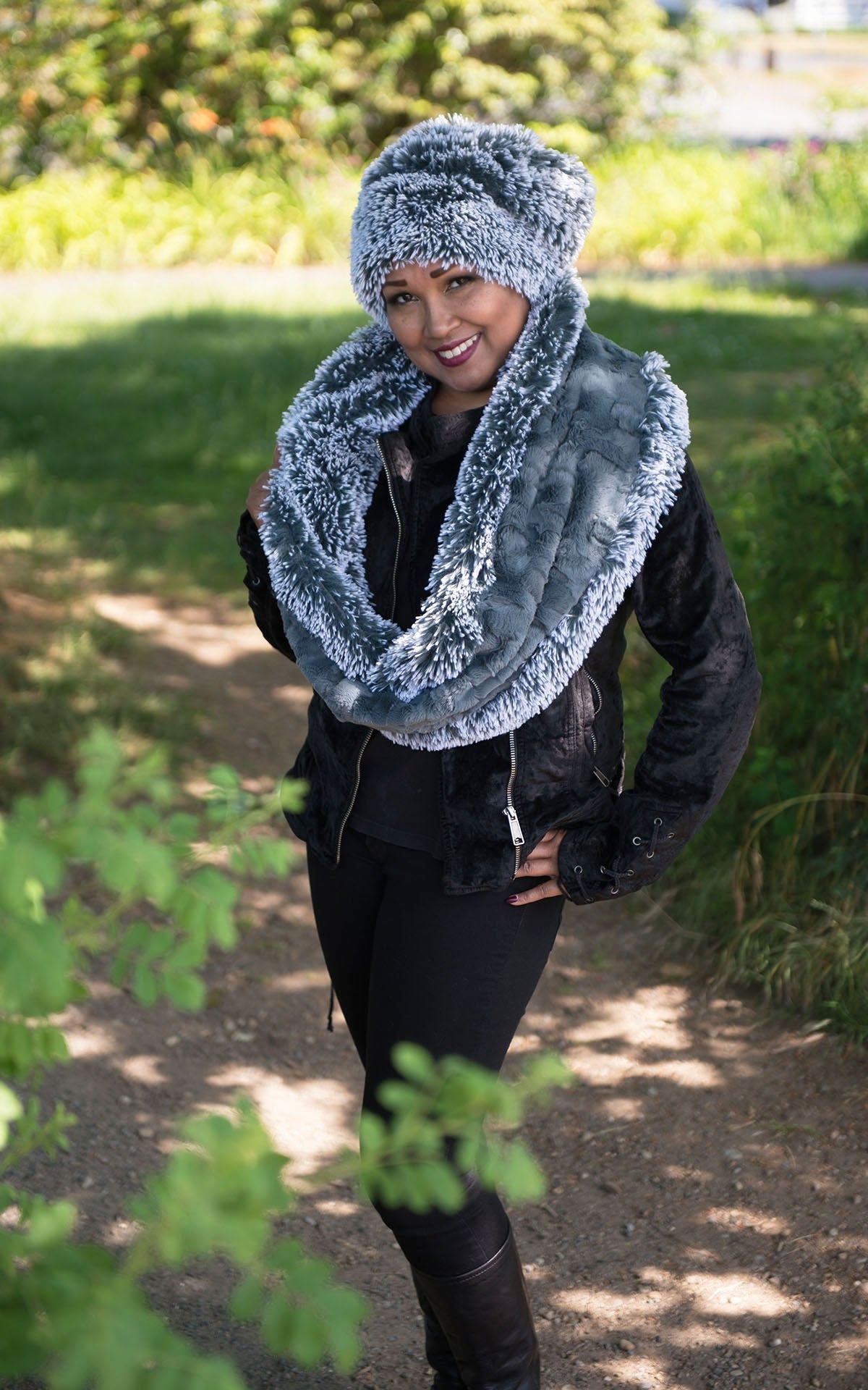 Double Cowl Shrug - Silver Tipped Fox Faux Fur in Blue Steel with Cuddly Slate (One Left!)