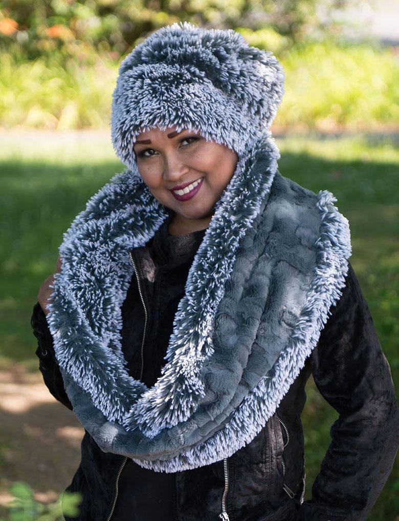 Double Cowl Shrug - Silver Tipped Fox Faux Fur in Blue Steel with Cuddly Slate (One Left!)