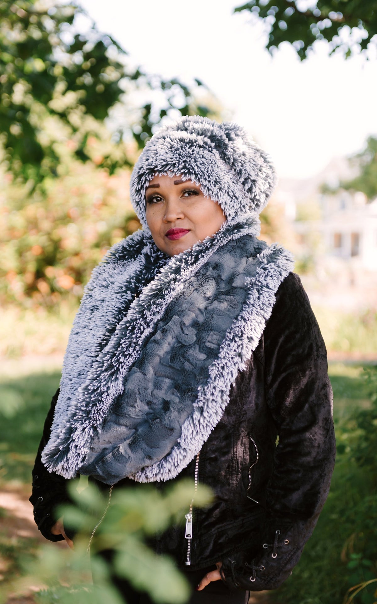 Double Cowl Shrug - Silver Tipped Fox Faux Fur in Blue Steel with Cuddly Slate (One Left!)