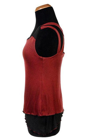 Side view of Product shot of the Tulip Top a reversible sweet-heart style top | Abyss W/ Blood Moon light Jersey Knit, Black and Red | Handmade in Seattle WA | Pandemonium Millinery