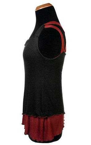 Side View Product shot of the Tulip Top a reversible sweet-heart style top | Abyss W/ Blood Moon light Jersey Knit, Black and Red | Handmade in Seattle WA | Pandemonium Millinery
