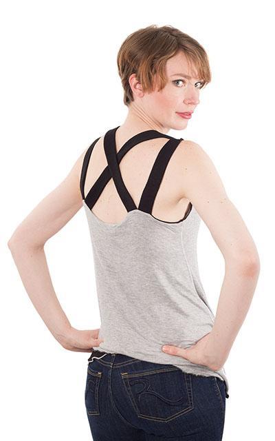 Back View of Model wearing the Tulip Top a reversible sweet-heart style top | Abyss W/ Silvery Moon light Jersey Knit, Black and Heather Gray | Handmade in Seattle WA | Pandemonium Millinery