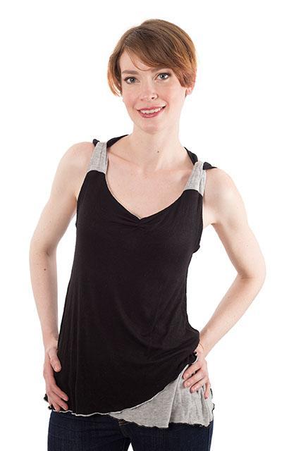 Model wearing the Tulip Top a reversible sweet-heart style top | Abyss W/ Silvery Moon light Jersey Knit, Black and Heather gray | Handmade in Seattle WA | Pandemonium Millinery