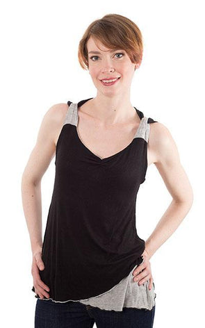 Model wearing the Tulip Top a reversible sweet-heart style top | Abyss W/ Silvery Moon light Jersey Knit, Black and Heather gray | Handmade in Seattle WA | Pandemonium Millinery