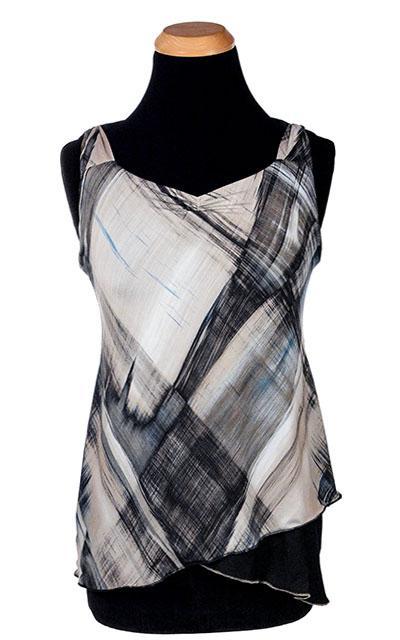 Product shot of the Tulip Top a reversible sweet-heart style top | Pretty Plaid in Blue a light Lycra print of blacks blues and creams | Handmade in Seattle WA | Pandemonium Millinery